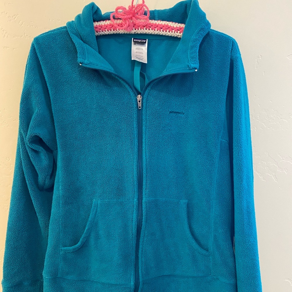 Patagonia Full Zip Fleece Teal Blue Hooded Sweatshirt Jacket Women L